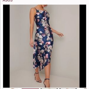 Chi Chi London Elysha blue floral asymmetric dress